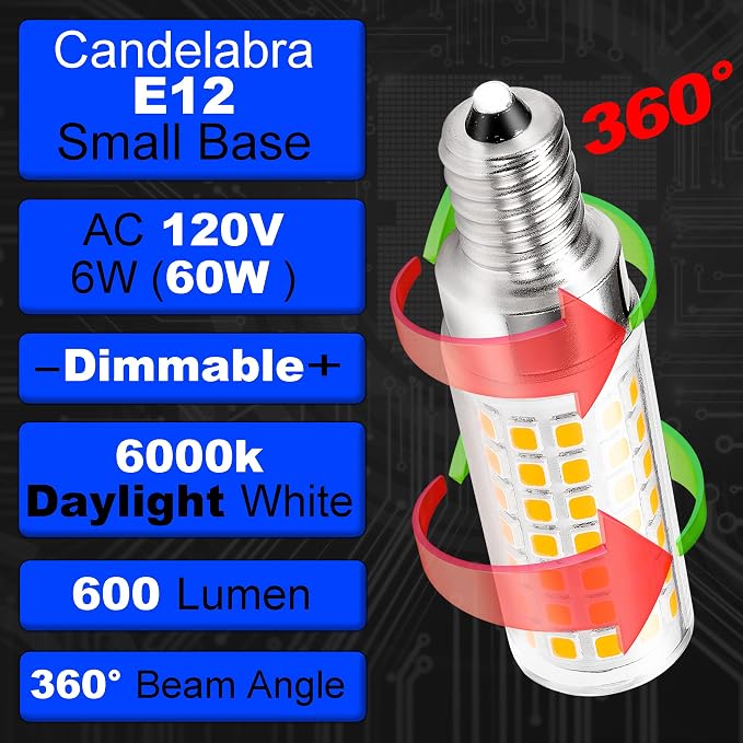 E12 LED Candelabra Bulb 6W 6000K White AC120V Dimmable T6 C7 Candle, 4 Pack | 360° Beam Angle, 600lm, Equivalent 60 Watt, No-Flicker Replace Ceiling Fan Pendant Chandelier Lighting Living Rooms