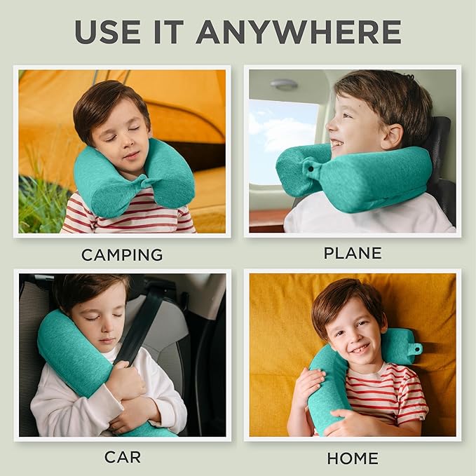 Dot&Dot Twist Memory Foam Kids Travel Pillow, Bendable Neck Pillow for Airplane, Car and Home, 23-Inch Adjustable Roll with Washable Cotton Cover, Green