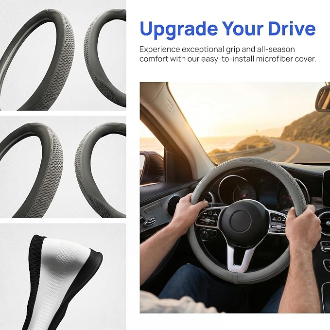 38cm Car Steering Wheel Cover, Universal 15 inch, Microfiber Breathable Ice Silk, Anti-Slip, Odorless, Easy to Install