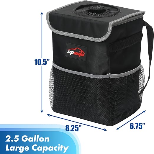 EPAuto Waterproof Car Trash Can with Lid and Pockets, 2.5 Gal, Black | Leakproof, Collapsible Multipurpose Car Bin with 3 Side Storage Pockets, Adjustable Straps