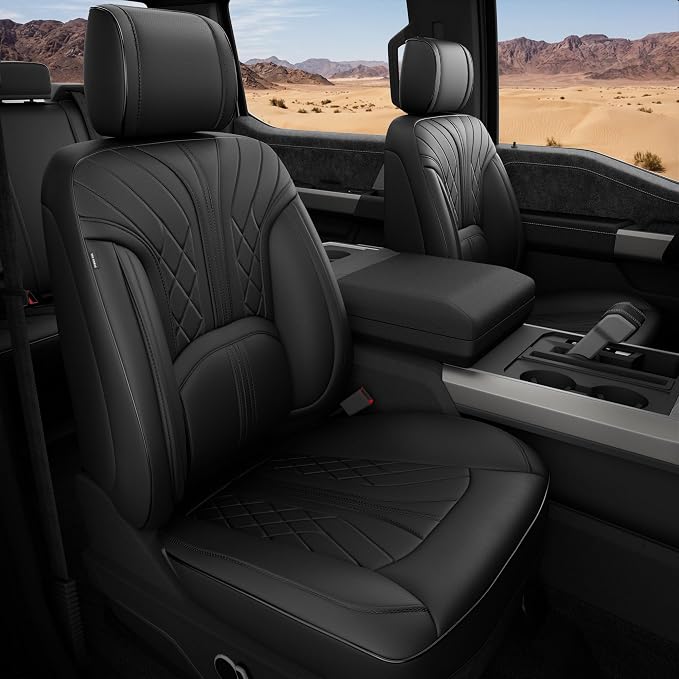 FREESOO Leather Seat Covers for Ford F150 SuperCrew/Crew Cab 2015-2026 | Fits F250/F350/F450 Super Duty 2017-2026, Custom Fit, Waterproof, Bucket Seat, Airbag Compatible, Lumbar Support, Easy-clean