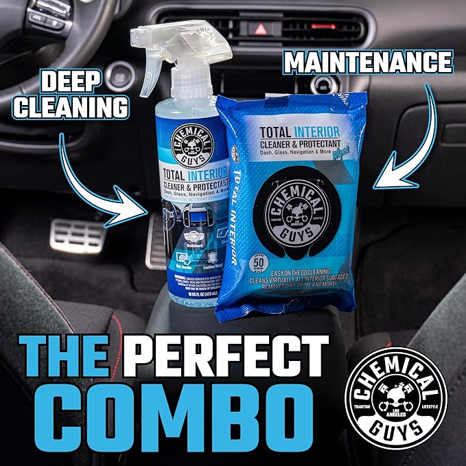 Chemical Guys, Total Interior Cleaner & Protectant Wipes, Multi-Use, 50 Ct | Multi-surface wipes clean dashboards, doors, seats and trim on the go, fifty per pack for quick interior touch-ups