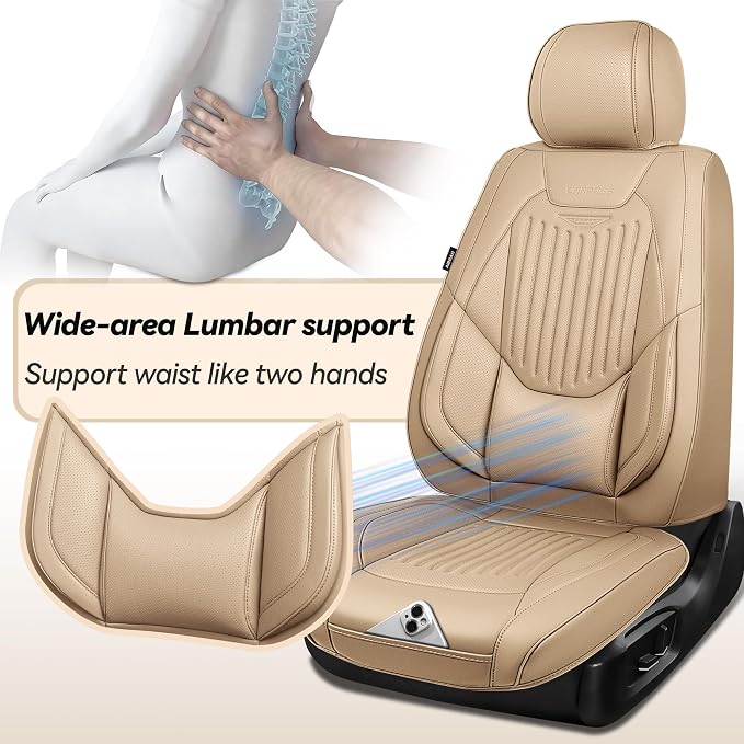 CAR PASS Luxury Nappa Leather Car Seat Covers Full Set, Lumbar Support Seat Covers for Car 5 Seats, Waterproof Car Seat Protector, Automotive Seat Covers Universal Fit for Most Sedans SUV Trucks Beige