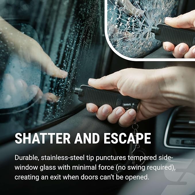 Sabre Safe Escape™ 3-in-1 Car Escape Tool for Car Safety with Spring-Loaded Window Breaker, No Swing Required, Seat Belt Cutter, LED Flashlight, Compact Auto Safety Tool for Emergencies