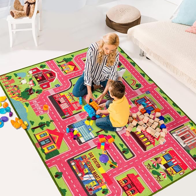 Kids Carpet Playmat Rug 78.7"x59", Car Rug for Kids Cars, Non-Slip Town City Road Map Kids Rug for Playroom Bedroom Boys, Kids Cars Road Rugs, Track Carpets (78.7X59Inch,Pink)