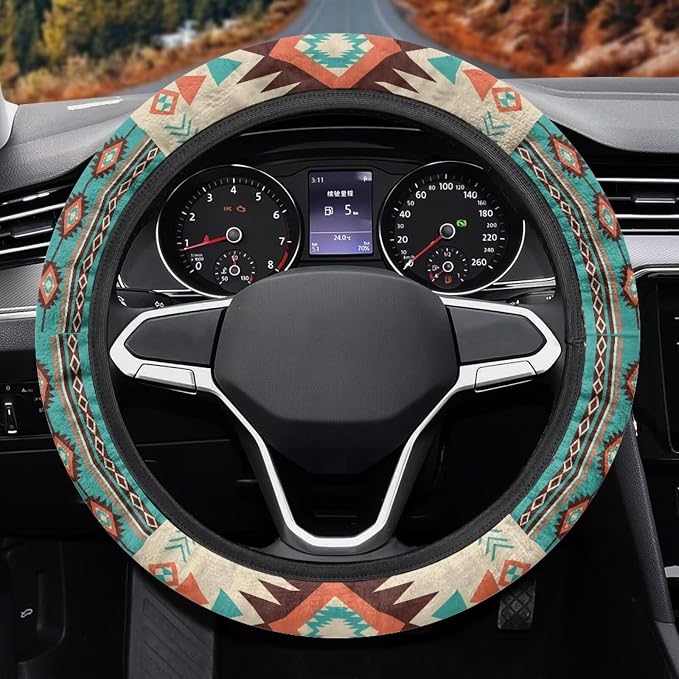Wanyint Southwest Aztec Beige Cyan Auto Steering Wheel Cover for Women Men, Universal 15 Inch Soft Elastic Steering Wheel Wrap Anti-Slip Easy to Install Car Accessories