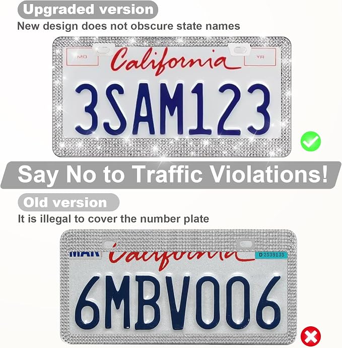 QUANQIUFEI 2 Pack Bling License Plate Frames for Women, Sparkly Rhinestone Diamond Car Accessories with Glitter Crystal Caps (Silver)
