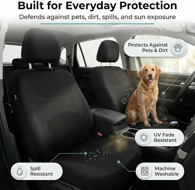 FH Group Universal Car Seat Covers Front Set for SUV Truck Sedan Vans | Waterproof All-Purpose Cloth Seat Cover Set Airbag Compatible Washable Split Bench Protector Interior Upgrade - Black