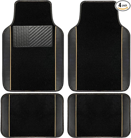 NBTEPEM Waterproof Universal Fit Car Floor Mats, Faux Leather Sporty Car Carpet Mats with Anti-Slip Nibbs Backing & Driver Heel Pad Fit for SUV, Vans, Sedans, Trucks, Set of 4 (Black with Beige line)