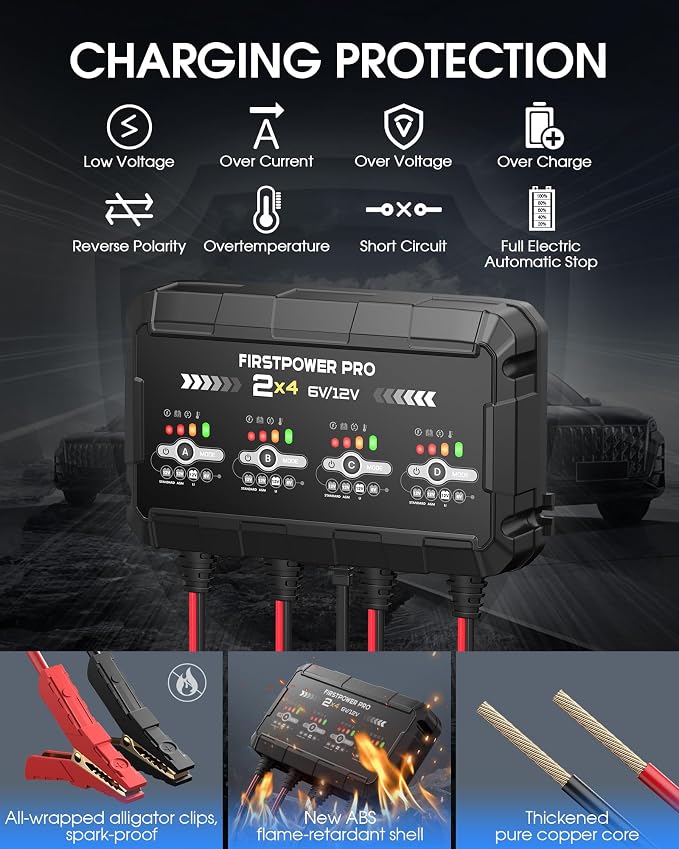 8A 4-Bank Car Battery Charger (2A/Bank) - 6V & 12V Automatic Trickle Charger, Motorcycle Battery Maintainer & Desulfator with Overcharge & Temperature Compensation – for Lead Acid, AGM, Gel, LiFePO4