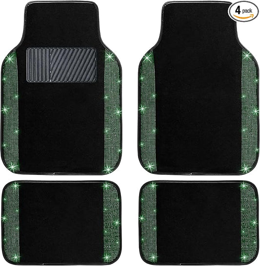 NBTEPEM Bling Car Floor Mats Full Set, Universal Fit Most Cars,SUV, Trucks, 4 pcs Sparkle Glitter Diamond Carpet for Women Girls with Anti-Slip Pad (Green Diamond)