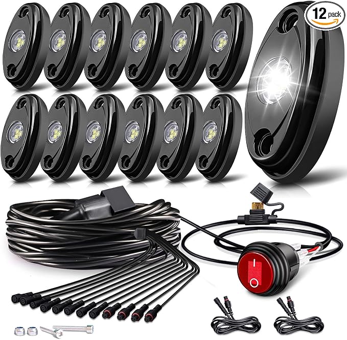 White Rock Lights,LEDMIRCY R1 LED Rock Lights Kit with Toggle Switch Wiring Harness 12PCS Luces para Carro for Trucks ATV UTV Golf Cart Under Glow Light High Power IP68 Waterproof