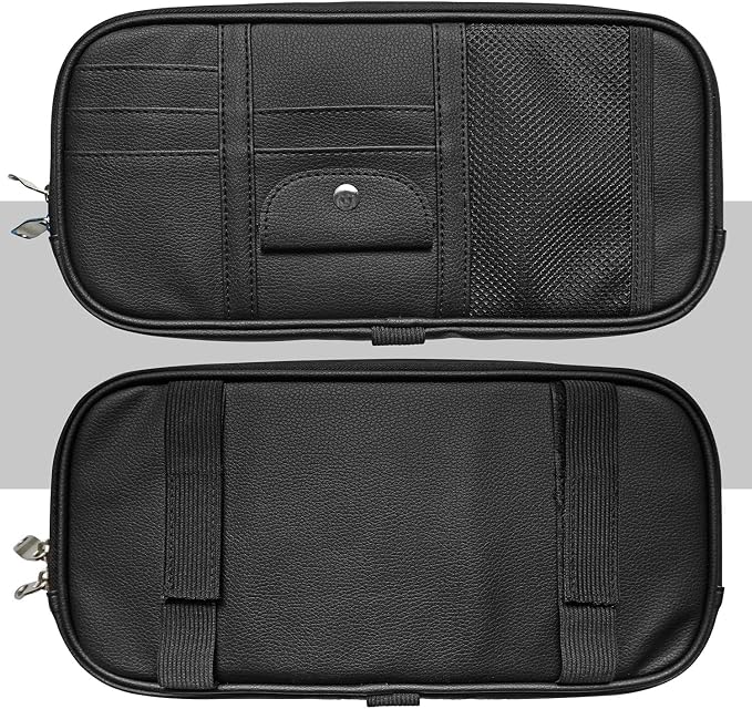 Da by Car Sun Visor Organizer, Multi-Pocket Visor Organizer Storage Pouch for Cars, SUVs & Trucks with Double Zippers, Elastic Bands & Glasses Clip - Organizes Essentials Keep Tidy (Black)