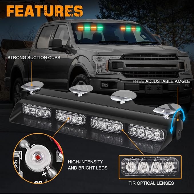 XRIDONSEN 2x 14 inch Amber Green Emergency Dash Lights 32 LED Strobe Lights | Interior Safety Warning Hazard Caution Front/Rear Windshield Light Bar w/ Controller for Construction Vehicles Trucks Car