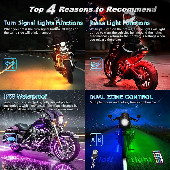 16PCS Motorcycle RGB LED Light Kits with Brake Turn Signal, Underglow Lights with APP/RF Remote Dual Zone,Multicolor Neon Strip Accent Lights Waterproof 12V for Cruiser, Touring & Adventure Motorcycle