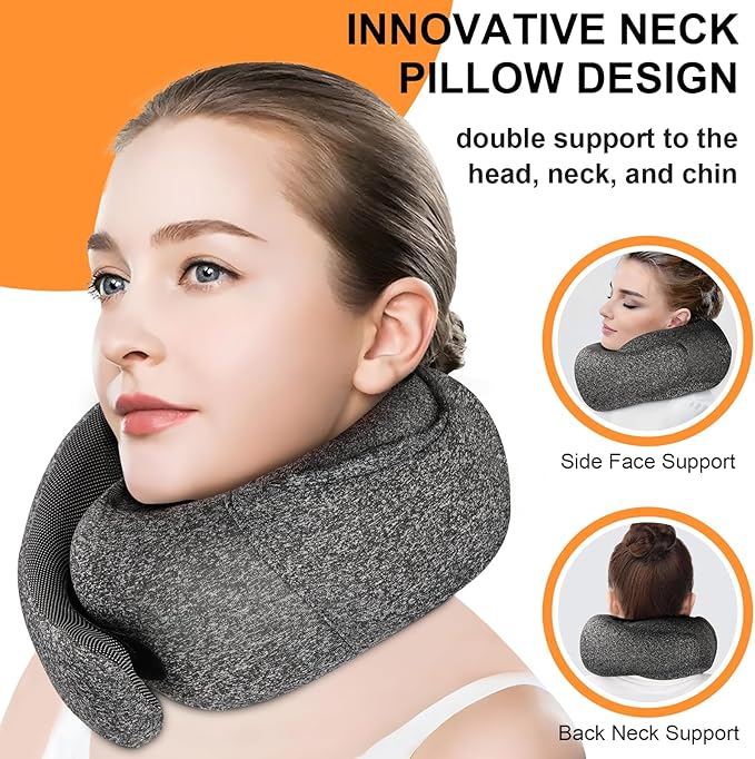 Travel Pillow - Hooded Neck Pillow Airplane Memory Foam Filling for Plane, Office, Cars Sleeping, Road Trip, Long Flights, Airplane Travel Essentials, Includes Eye Mask & Earplugs (Full Blue)