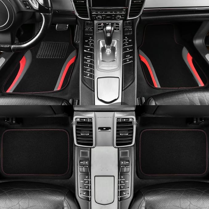 CAR PASS Leather Sporty Car Floor Mats Carpet, Universal Waterproof Automotive Floor Mat Fit for Sedans, Cars, Mid Trucks, Vans, SUV, Set of 4 (Black and Red)