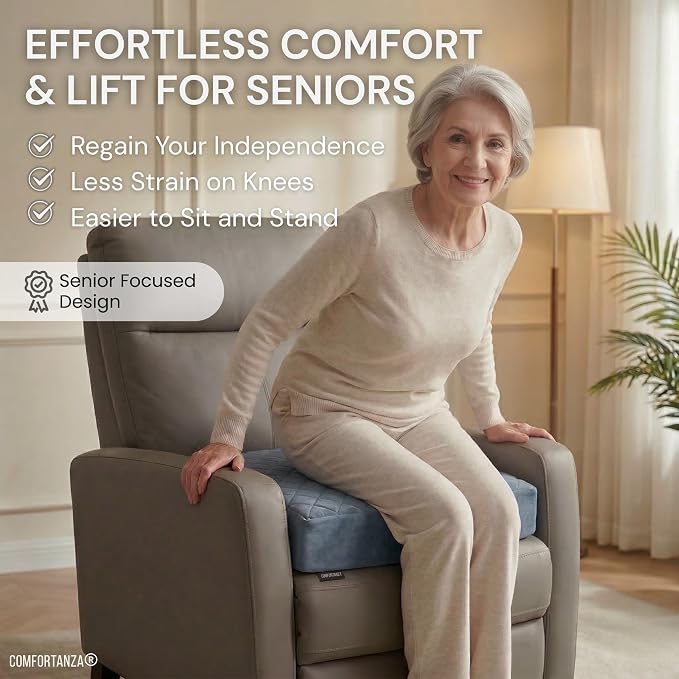 Soft 20x20x5 Memory Foam Recliner Chair Seat Cushion for Long Sitting - Armchair Pad with Washable Velvety Cover & Non-Slip Base for Seniors & Elderly - Gray