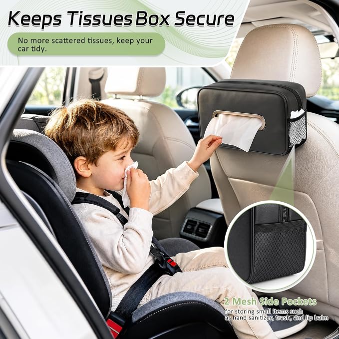 Car Tissue Box Holder PU Leather Car Organizer with Side Storage Pockets | Tissue Box Cover, Fits 120-160 Standard Rectangular Tissue Boxes, Large Capacity Backseat Tissue Organizer for Car SUV Truck