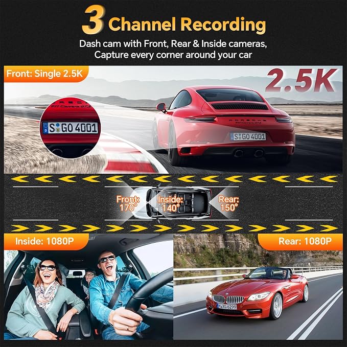 3 Channel 4K Dash Cam Front Rear and Inside with 5G WiFi & APP Control | 4K/2.5K+1080P+1080P Dashcam for Car, Dash Camera with 64GB Card, 24H Parking Monitor, Night Vision, Loop Recording, G-Sensor