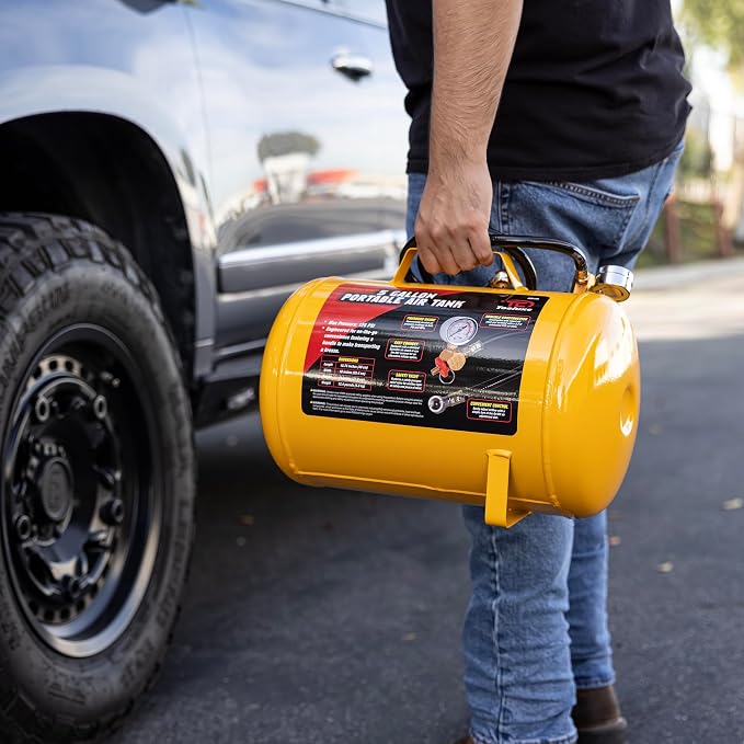TOOLUXE 30010L 5 Gallon Air Tank, Portable Air Tank, 125 PSI Maximum Pressure, Horizontal Air Compressor Tank, 1/4" NPT 40 Inch Industrial Hose & Chuck, 140 PSI Safety Valve