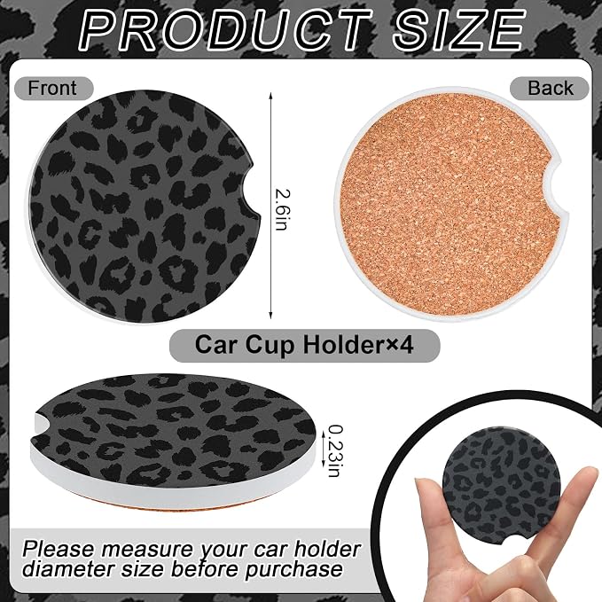 Boao 4 Pcs Leopard Car Cupholder Coasters for Valentine's Day, Ceramic Coasters 2.56'' Anti Slip Base with Finger Notch for Dry Clean, Car Interior Accessories, Birthday Gifts
