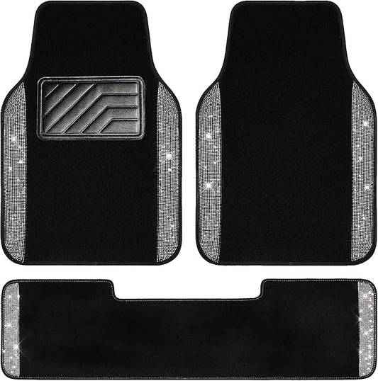 CAR PASS Bling Diamond Car Mats Shining Carpet Crystal Rhinestones Sparkly Glitter Floor Mats with Anti-Slip PVC Heel Pad Universal for Automotive SUV, Sedan, Van, 3pcs for Girl Women, Black Silver