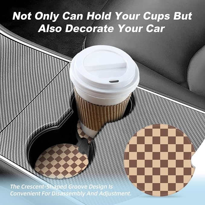 Brown Checkered Car Coasters for Cup Holders,2 Pack Car Cup Holder Coasters for Car,Ceramic Absorbent Car Coaster with A Finger Notch and Cork Base,Car Interior Accessories for Women Men