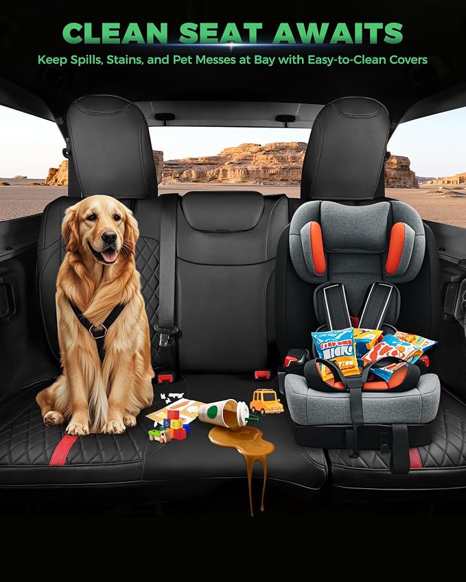 for Jeep Wrangler Seat Covers 4Door JL 2018 2019 2020 2021 2022 2023 2024 2025 2026, Custom Car Seat Cover Full Set, Luxury Waterproof Leather Protectors, Black Red Trim, W/O Rear Cup Holder