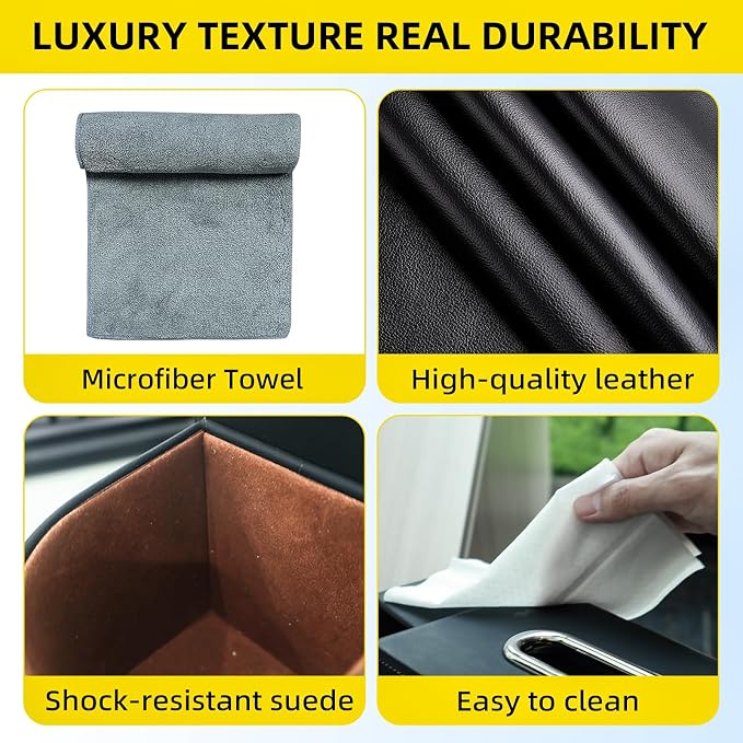 Back Seat Car Organizer with One Towel Leather Wood Materials (Black) | Tissue Box, 2 Drink Cup Holder, Phone Holder, Hook, Compatible with Most Vehicles
