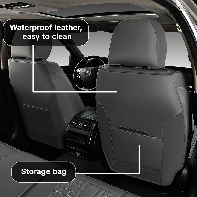 Full Set of Dark Gray Genuine Leather Seat Covers, Universal Fit | Four-Layer Anti-Slip Design with Lumbar Support