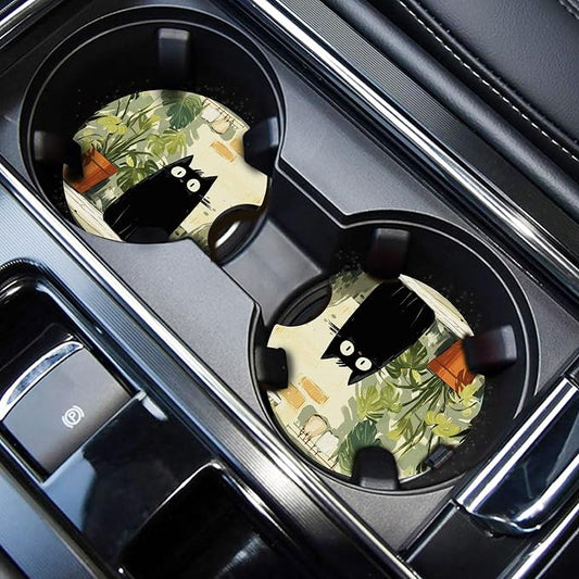 WOCOCN Car Coasters,Cup Holder Coasters for Car,2.75inch Anti Slip and Absorbent,Cute Automotive Interior Accessories for Cup Holder,Pack of 2 (Potted Black Cat)