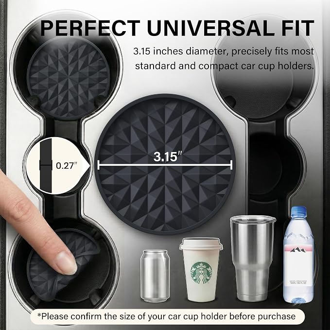 Car Coasters for Cup Holders [4 Pack] 3.15in Non-Slip Silicone Mats, Black
