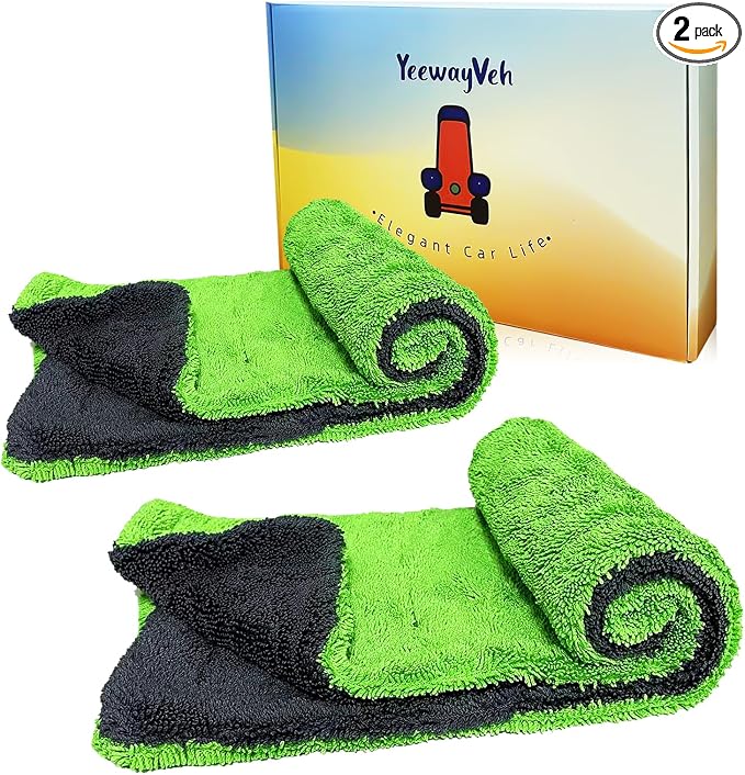 YeewayVeh 2-Pack 16"x16" Car Detailing Drying Towels, 1400 GSM Microfiber Drying Towels, for Final Water Chasing, Safe Drying of Gaps, Mirrors & Vehicle Interiors, Green