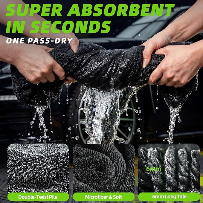2 Pack Car Drying Towels – Microfiber Towels for Cars (36" x 24"), Ultra-Absorbent, Streak-Free, Scratch-Free, No Water Spots, Double-Twist Pile & Edgeless Design, Green