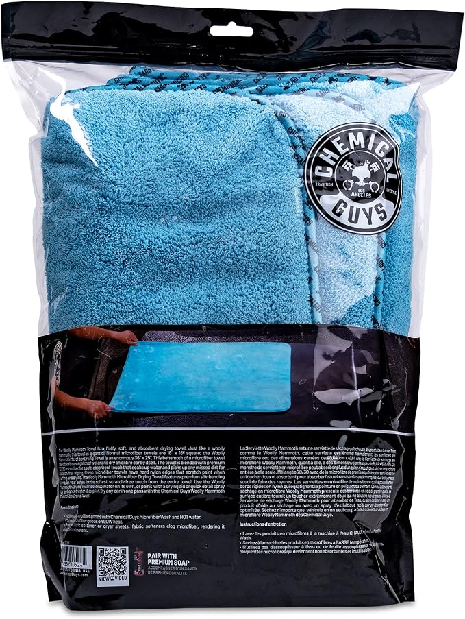 Chemical Guys, Woolly Mammoth Large Microfiber Drying Towel, Blue, 36 x 25 | Ultra-plush oversized towel soaks up water fast to dry the whole vehicle, soft and scratch-free on paint