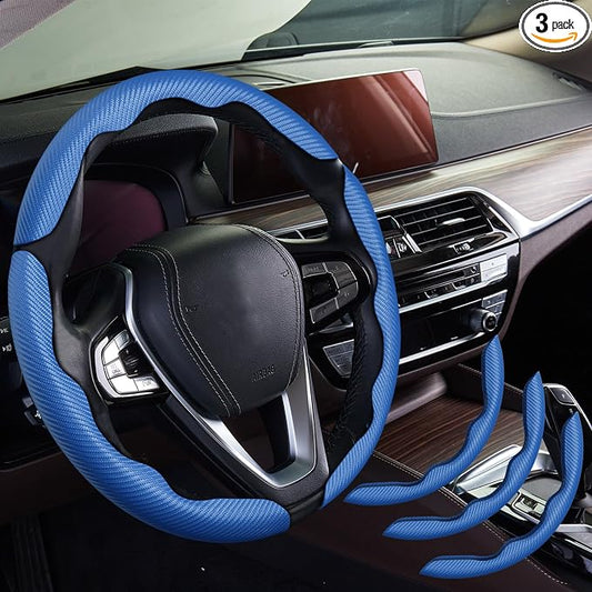 WOCOCN 3pcs Car Steering Wheel Cover,Anti-Skid Carbon Fiber Steering Wheel Protector for Men Women,Multiple Color Options,Universal for Most Car Interiors Accessories (Bule 3PCS)