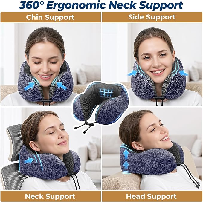 ExploreBliss Travel Pillow, Travel Pillows for Sleeping Airplane, Neck Pillow Airplane, Memory Foam Neck Pillow Set with Eye Mask, Earplugs and Storage Bag -Mottled Blue