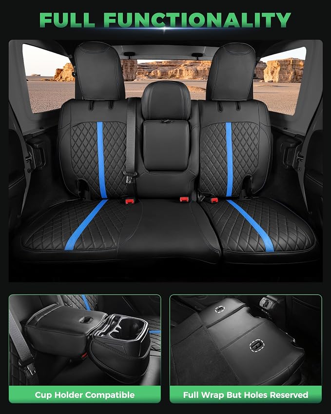 for Jeep Wrangler Seat Covers 4Door JL 2018 2019 2020 2021 2022 2023 2024 2025 2026, Custom Car Seat Cover Full Set, Luxury Waterproof Leather Protectors, Black Blue Trim,with Rear Cup Holder
