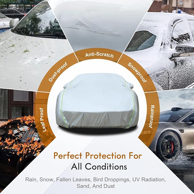 Tecoom Car Cover Waterproof All Weather, Windproof UV Sun Rain Snow Protection Outdoor Full Cover with Top Reflective Strip, Door Zipper, Fit for Coupe/Convertible/Sport Cars (173-182 Inches)