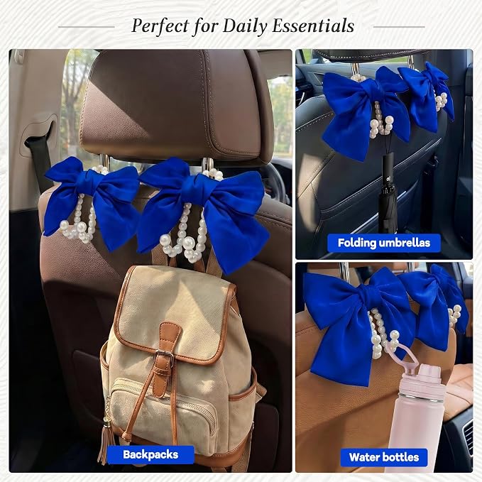 2PCS Satin Bow Pearl Car Seat Headrest Hooks – Car Bag Holder & Vehicle Hanger for Purses – Cute Coquette Aesthetic Interior Decoration – Cute Auto Organizer Accessories Universal (Deep Blue)