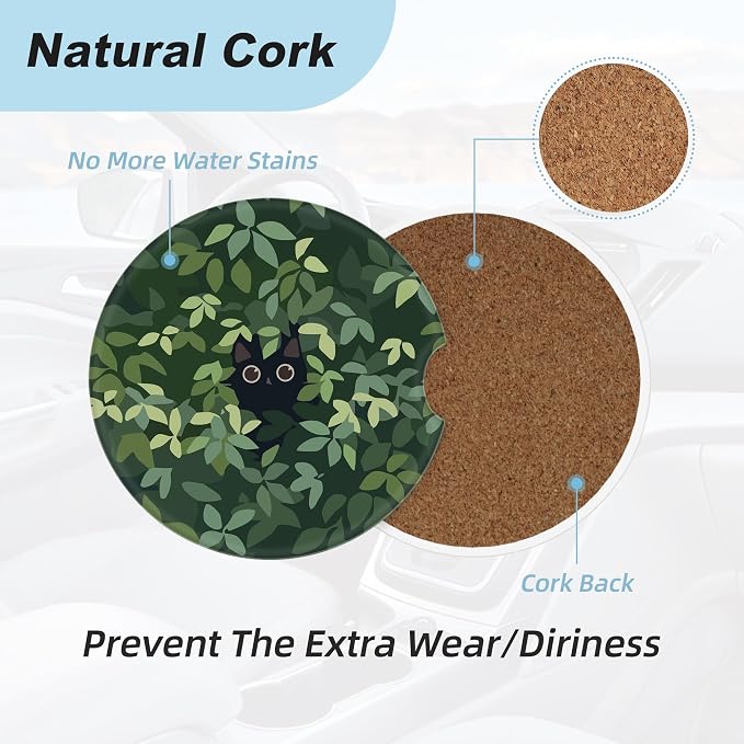 Cat in The Meadow Car Coasters for Cup Holders,2 Pack Car Cup Holder Coasters for Car,Ceramic Absorbent Car Coaster with A Finger Notch and Cork Base,Car Interior Accessories for Women Men