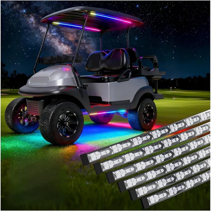 10L0L 6PCS Golf Cart Underbody Light Kit, Underglow LED Strip for EZGO Club Car Yamaha, 24 Modes Multicolor RGB Music Sync Waterproof, Canopy Lights Optional (6 Pack(4 Underbody and 2 Roof-Fishbone))