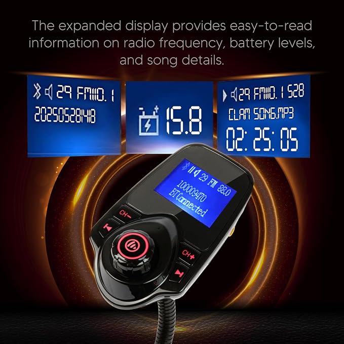 ONN FM Bluetooth FM Transmitter for Car, Bluetooth Car Adapter, Black | Dual USB Fast Charging, Bluetooth 5.0, 1.44" LCD, Bluetooth USB MicroSD AUX, Flexible Gooseneck, 12V-24V for Cars SUVs Trucks