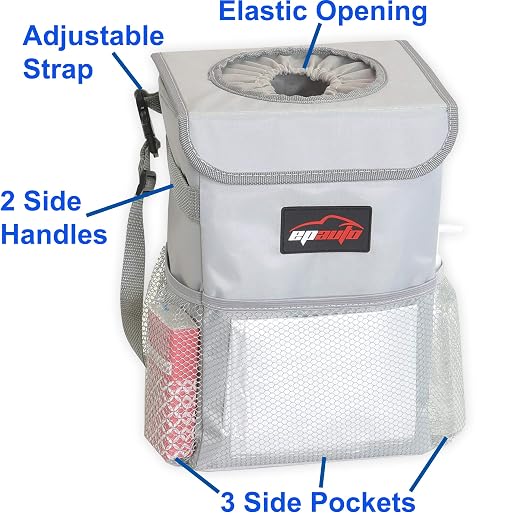 EPAuto Waterproof Car Trash Can with Lid and Pockets, 2.5 Gal, Gray | Leakproof, Collapsible Multipurpose Car Bin with 3 Side Storage Pockets, Adjustable Straps