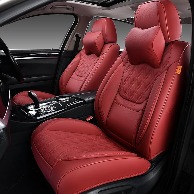 Car Seat Covers Full Set, Breathable Leather Automotive Front and Rear Seat Covers & Headrest, Universal Automotive Vehicle Seat Cover for Most Sedan SUV Pick-up Trucks, Wine Red