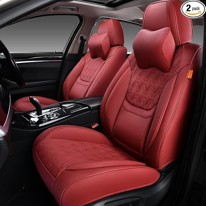 Car Seat Covers Front Pair, Breathable Leather Automotive Front Seat Covers with Headrest, Universal Automotive Vehicle Seat Cover for Most Sedan SUV Pick-up Trucks, Wine Red