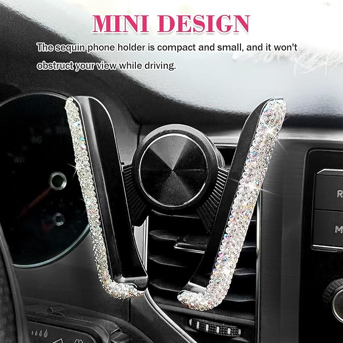 Bling Rhinestone Car Phone Holder, Mini Universal 360° Adjustable Auto Mount For Dash & Air Vent, Crystal Car Accessories For Women & Girls (White)