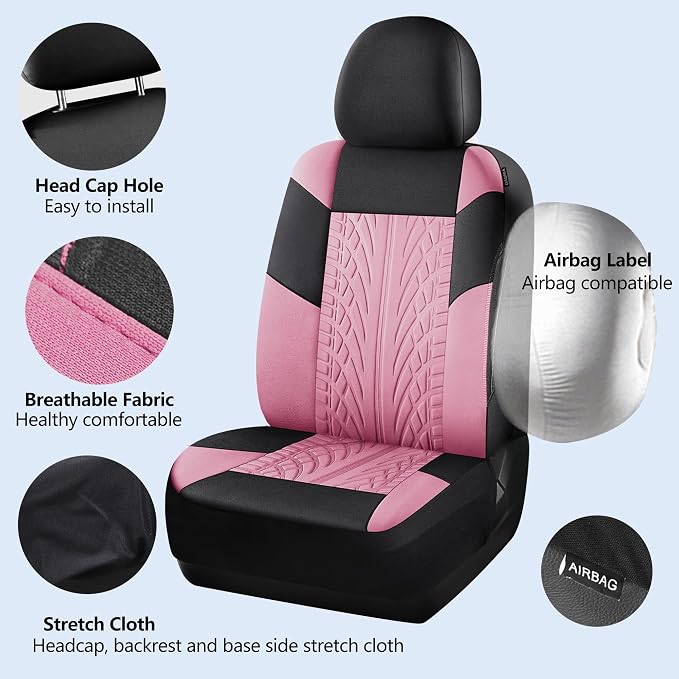 HChengkikz Front Car Seat Cover, Cloth and Washable (Black + Pink) | Breathable, Airbag compatible, Easy to Install, Universal Fit for Most Cars, Sedans, Truck, SUVs