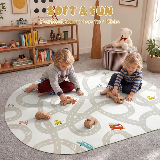 STARUIA Kids Car Rug for Playroom, 4x6 Washable Car Carpet for Kids Room, Non-Slip Car Rugs Play Mat for Kids Have Fun Safely, Road Play Rug for Boys Room Bedroom (Grey)